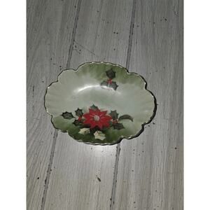 Vintage 1950s Lefton Poinsettia And Holly Hand Painted Mint Dish Heritage